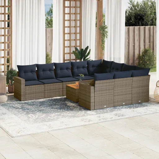 Conjunto Sofás de Jardim c/ Almofadões Vime PE Cinzento (11 pcs)
