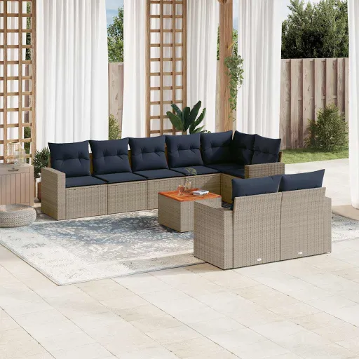 Conjunto Sofás p/ Jardim c/ Almofadões Vime PE Cinzento (9 pcs)