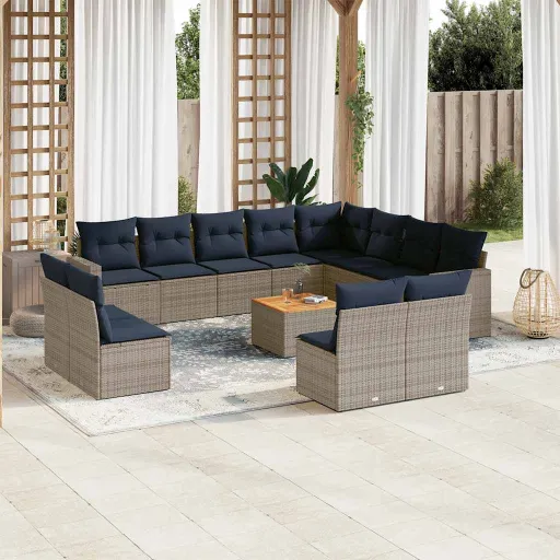 Conjunto Sofás p/ Jardim c/ Almofadões Vime PE Cinzento (13 pcs)