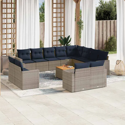Conjunto Sofás p/ Jardim c/ Almofadões Vime PE Cinzento (13 pcs)