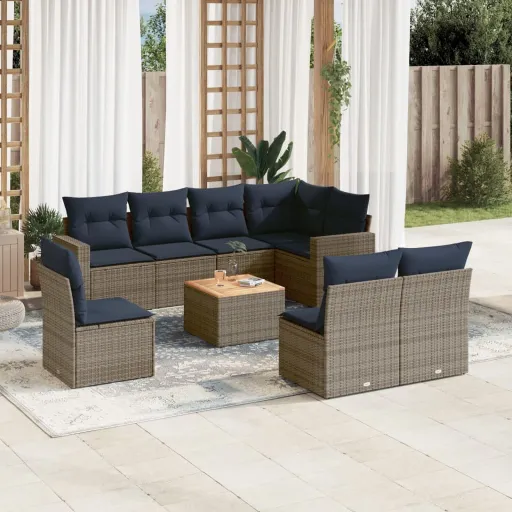 Conjunto Sofás p/ Jardim c/ Almofadões Vime PE Cinzento (9 pcs)