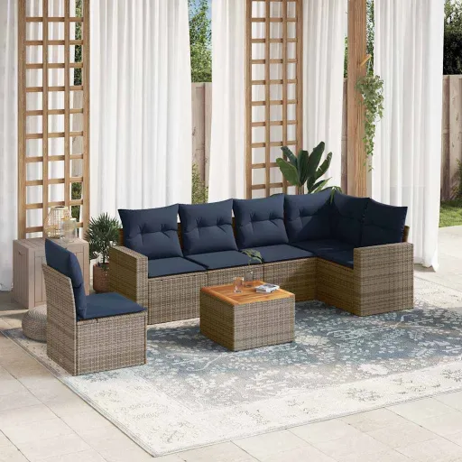 Conjunto Sofás p/ Jardim c/ Almofadões Vime PE Cinzento (7 pcs)