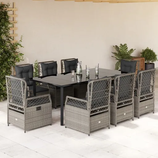 Conjunto de Jantar p/ Jardim c/ Almofadões Cinzento Claro (9 pcs)