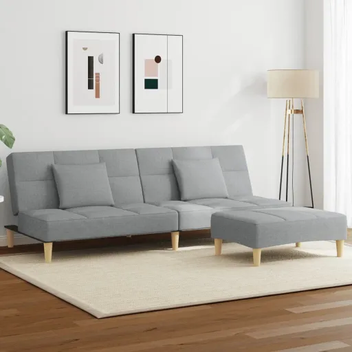 Sofá-Cama de 2 Lugares c/ Apoio de Pés Tecido Cinzento-Claro