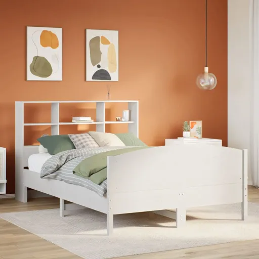 Cama com Estante Sem Colchão 120x200 cm Pinho Maciço Branco