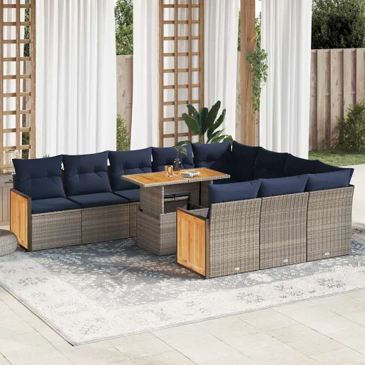 Conjunto Sofás de Jardim c/ Almofadões Vime PE/Acácia (11 pcs)