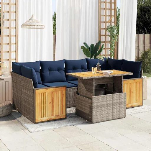 Conjunto Sofás Jardim Almofadões Vime PE/Acácia Cinzento (7 pcs)