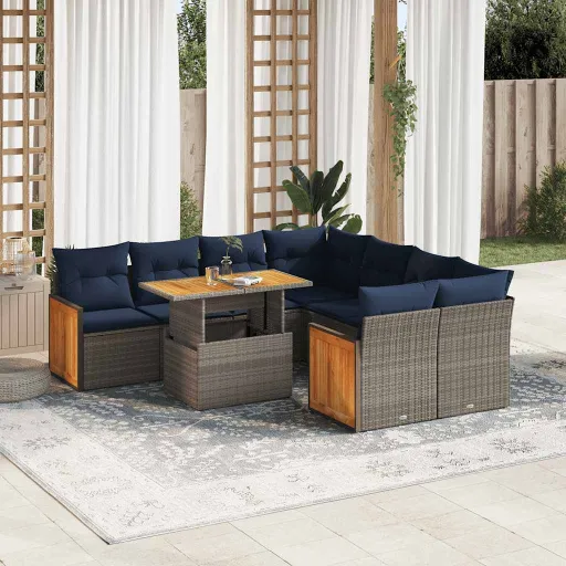 Conjunto Sofás Jardim Almofadões Vime PE/Acácia Cinzento (9 pcs)