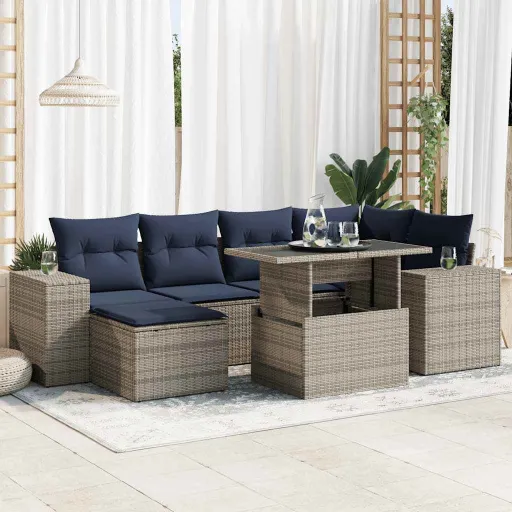 Conjunto Sofás Jardim Almofadões Vime PE/Acácia Cinzento (9 pcs)