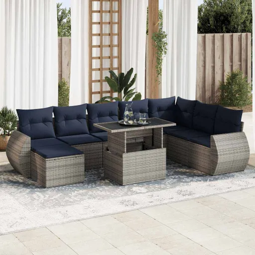 Conjunto Sofás de Jardim c/ Almofadões Vime PE/Acácia (9 pcs)