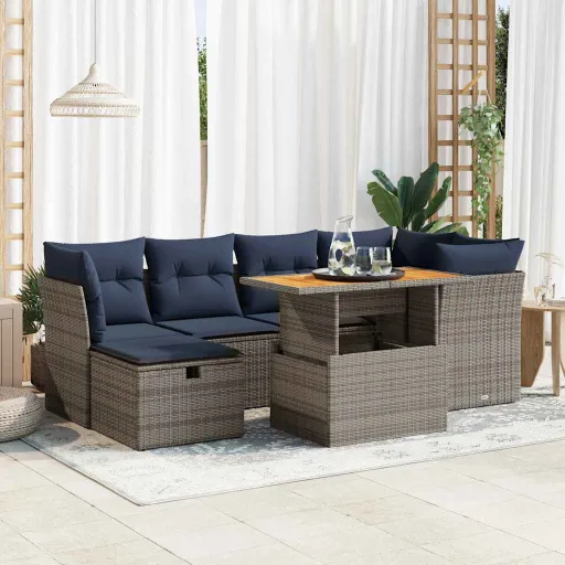 Conjunto Sofás Jardim c/ Almofadões Vime PE/Acácia Preto (7 pcs)