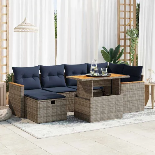 Conjunto Sofás Jardim c/ Almofadões Vime PE/Acácia Cinzento (7 pcs)