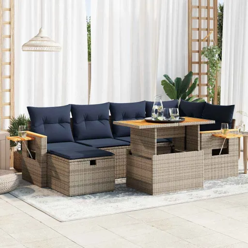 Conjunto Sofás Jardim c/ Almofadões Vime PE/Acácia Cinzento (7 pcs)