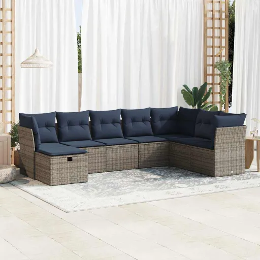 Conjunto Sofás de Jardim c/ Almofadões Vime PE Cinzento (8 pcs)
