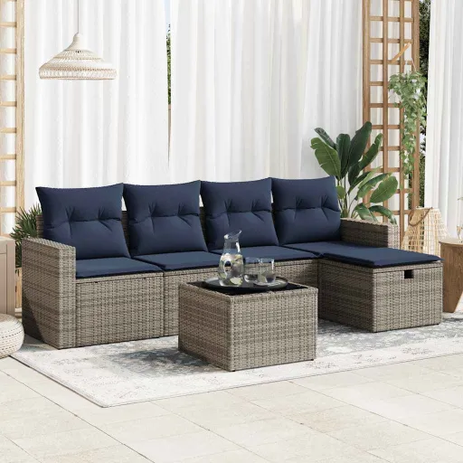 Conjunto Sofás de Jardim com Almofadões Vime Cinzento (6 pcs)