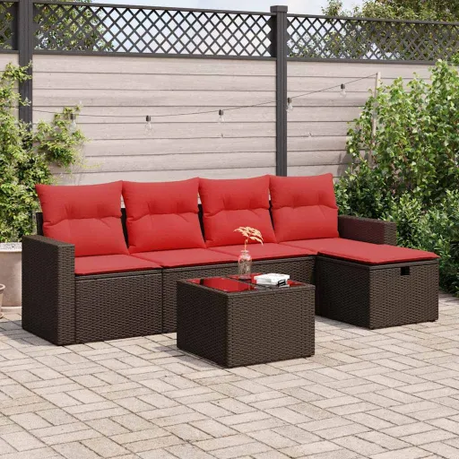 Conjunto de Sofás Jardim c/ Almofadões Vime PE Castanho (6 pcs)