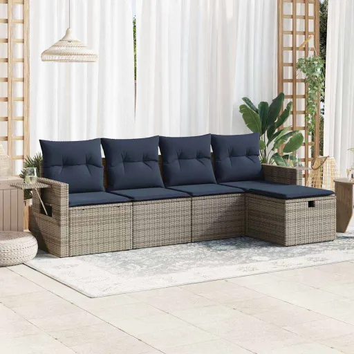 Conjunto Sofás de Jardim c/ Almofadões Vime PE Cinzento (5 pcs)