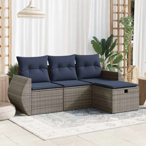 Conjunto Sofás de Jardim c/ Almofadões Vime PE Cinzento (4 pcs)