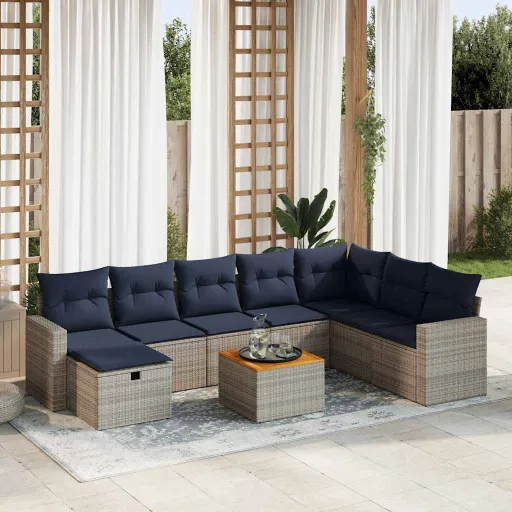 Conjunto Sofás p/ Jardim com Almofadões Vime PE Cinzento (9 pcs)