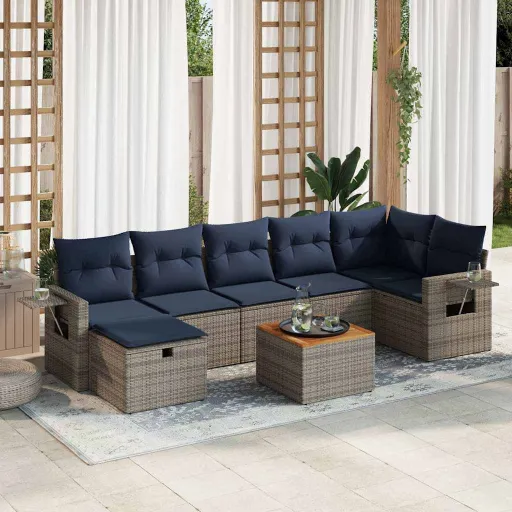Conjunto Sofás de Jardim c/ Almofadões Vime PE Cinzento (8 pcs)