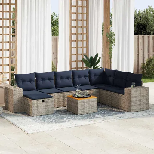 Conjunto Sofás p/ Jardim com Almofadões Vime PE Cinzento (9 pcs)