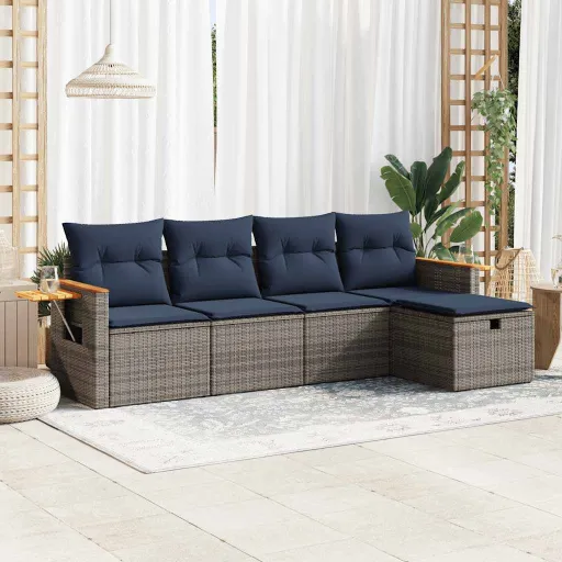 Conjunto Sofás de Jardim c/ Almofadões Vime PE Cinzento (5 pcs)