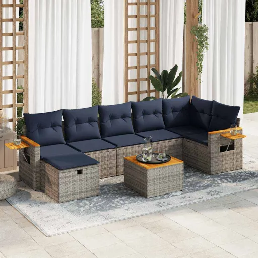 Conjunto Sofás de Jardim c/ Almofadões Vime PE Cinzento (8 pcs)