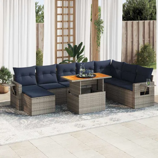 Conjunto Sofás p/ Jardim com Almofadões Vime PE Cinzento (9 pcs)