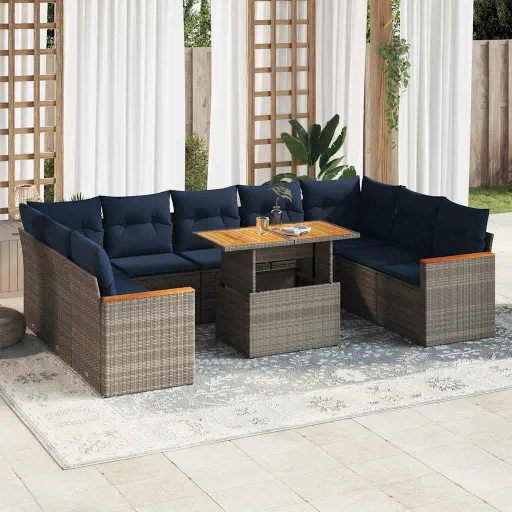 Conjunto Sofás de Jardim c/ Almofadões Vime PE Cinzento (10 pcs)