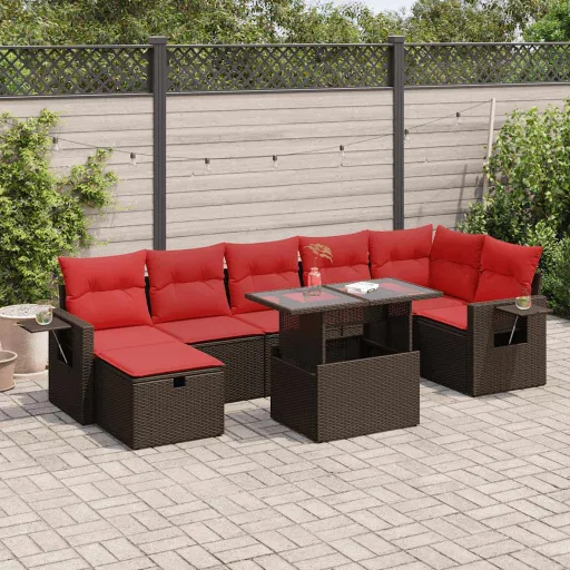 Conjunto Sofás Jardim com Almofadões Vime PE/Acácia Castanho (8 pcs)