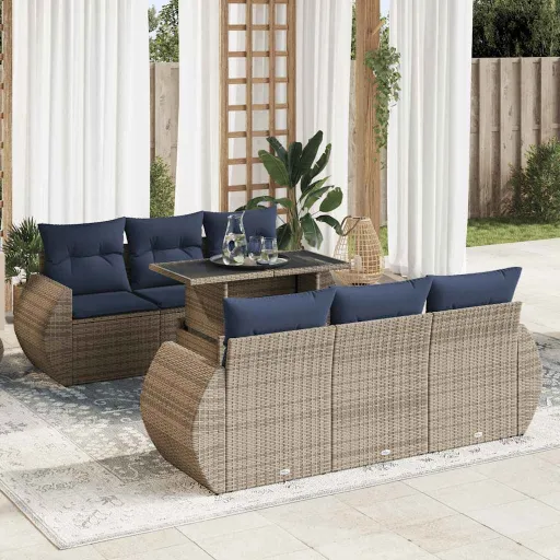 Conjunto Sofás Jardim Almofadões Vime PE/Acácia Cinzento (7 pcs)