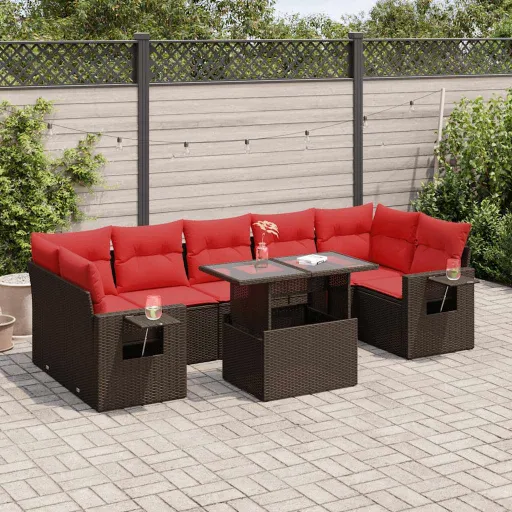 Conjunto Sofás Jardim Almofadões Vime PE/Acácia Castanho (8 pcs)