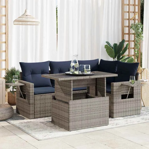 Conjunto Sofás de Jardim com Almofadões Acácia e Vime PE (5 pcs)