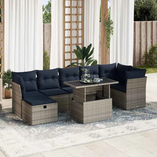 Conj. Sofás Jardim c/ Almofadões Vime PE/Acácia Cinzento (8 pcs)