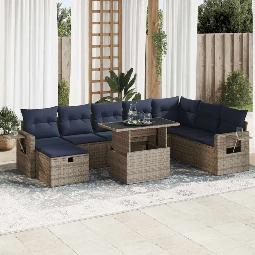 Conj. Sofás Jardim c/ Almofadões Vime PE/Acácia Cinzento (9 pcs)