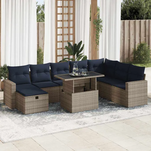 Conj. Sofás Jardim c/ Almofadões Vime PE Cinzento (9 pcs)