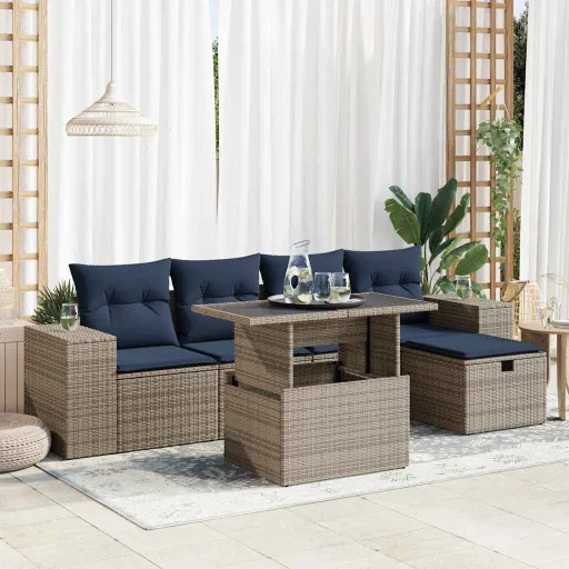 Conj. Sofás Jardim c/ Almofadões Vime PE/Acácia Castanho (6 pcs)
