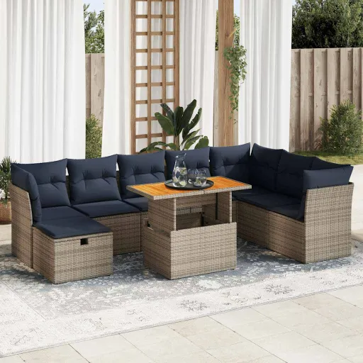 Conj. Sofás Jardim c/ Almofadões Vime PE/Acácia Castanho (9 pcs)