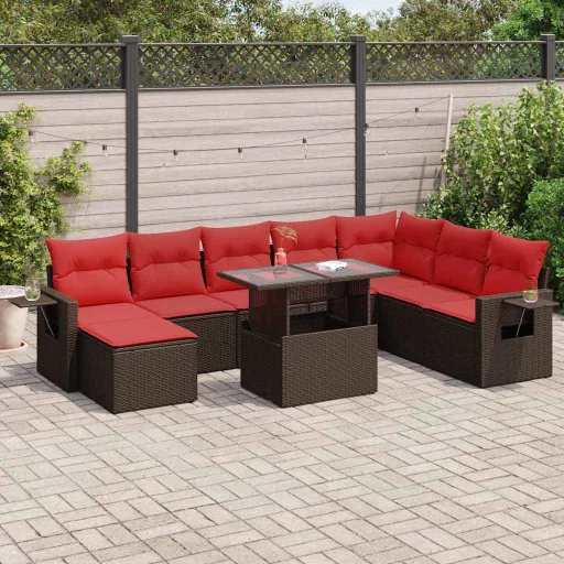Conj. Sofás Jardim c/ Almofadões Vime PE/Acácia Castanho (9 pcs)