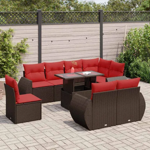 Conj. Sofás Jardim c/ Almofadões Vime PE/Acácia Castanho (9 pcs)