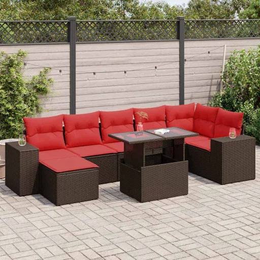 Conj. Sofás Jardim c/ Almofadões Vime PE/Acácia Castanho (8 pcs)