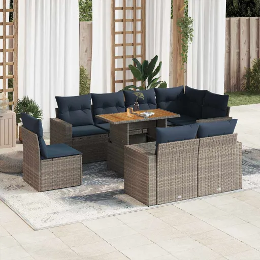 Conjunto Sofás p/ Jardim com Almofadões Vime PE Cinzento (9 pcs)