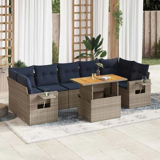 Conjunto Sofás de Jardim c/ Almofadões Vime PE Cinzento (8 pcs)