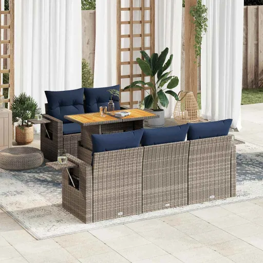 Conjunto Sofás de Jardim com Almofadões Vime Cinzento (6 pcs)