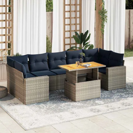 Conjunto Sofás de Jardim c/ Almofadões Vime PE Cinzento (8 pcs)