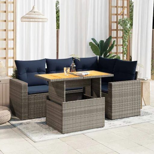 Conjunto Sofás de Jardim c/ Almofadões Vime PE Cinzento (5 pcs)