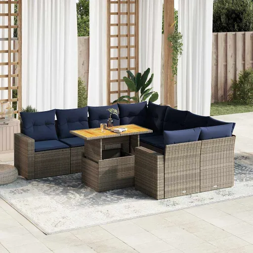 Conjunto Sofás p/ Jardim com Almofadões Vime PE Cinzento (9 pcs)