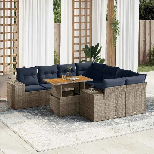 Conjunto Sofás p/ Jardim com Almofadões Vime PE Cinzento (9 pcs)