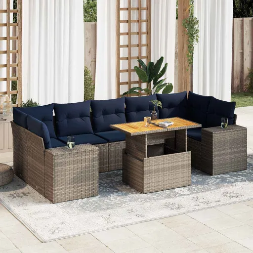 Conjunto Sofás de Jardim c/ Almofadões Vime PE Cinzento (8 pcs)
