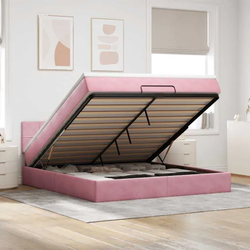 Cama Otomana com Colchão & LEDs 180x200cm Veludo Rosa